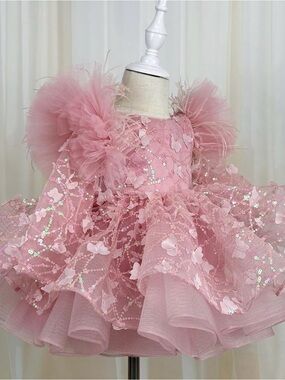 Elegant Pink Tulle Floral Party One-Piece for Kids